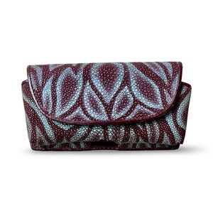 Stingray Leather Belt Pouch Small Case in Purple with Blue Leaf Design
